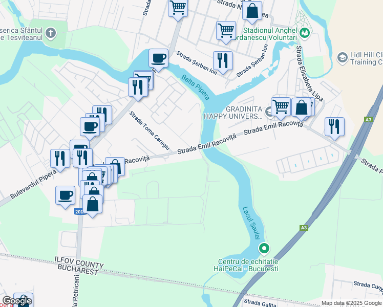 map of restaurants, bars, coffee shops, grocery stores, and more near 46 Strada Emil Racoviță in Voluntari