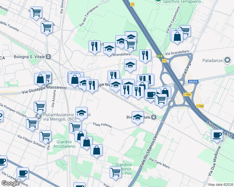 map of restaurants, bars, coffee shops, grocery stores, and more near 20-24 Via Guelfa in Bologna