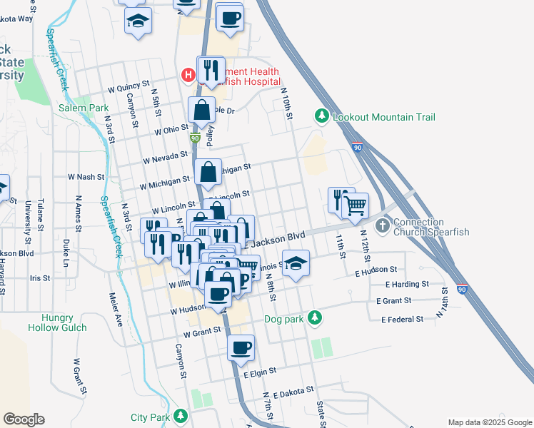 map of restaurants, bars, coffee shops, grocery stores, and more near 340 East Kansas Street in Spearfish