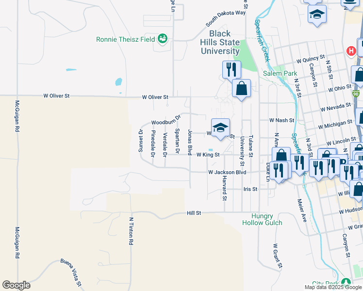 map of restaurants, bars, coffee shops, grocery stores, and more near 927 Jonas Boulevard in Spearfish
