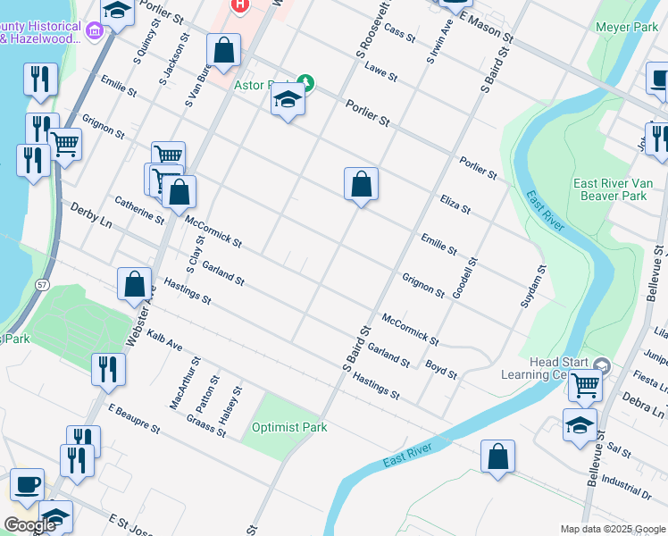 map of restaurants, bars, coffee shops, grocery stores, and more near 1239 South Irwin Avenue in Green Bay