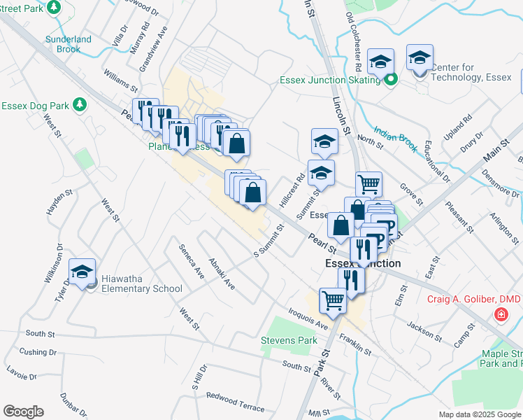 map of restaurants, bars, coffee shops, grocery stores, and more near 56 Pearl Street in Essex