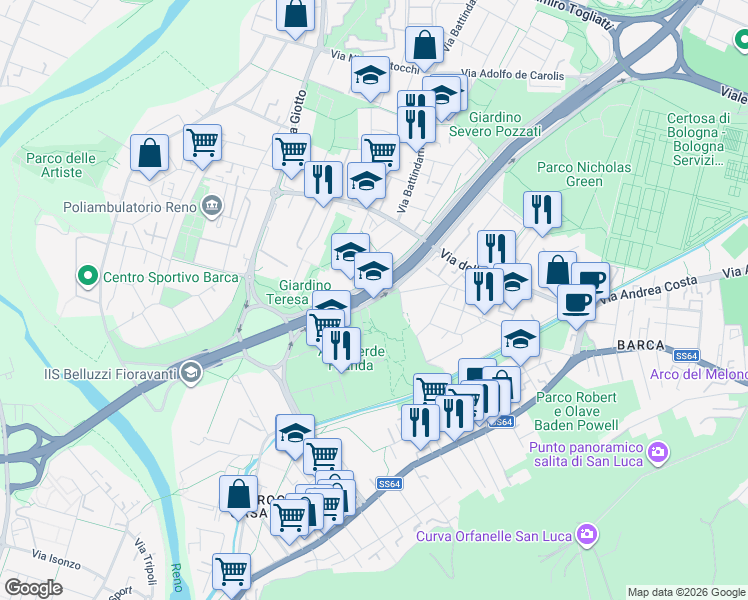 map of restaurants, bars, coffee shops, grocery stores, and more near 28 Via Giuseppe Saragat in Bologna