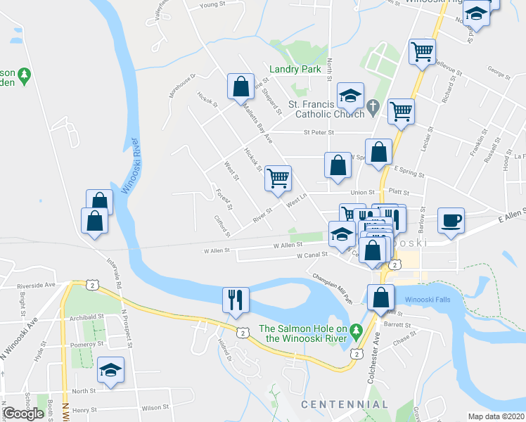 map of restaurants, bars, coffee shops, grocery stores, and more near 31 River Street in Winooski