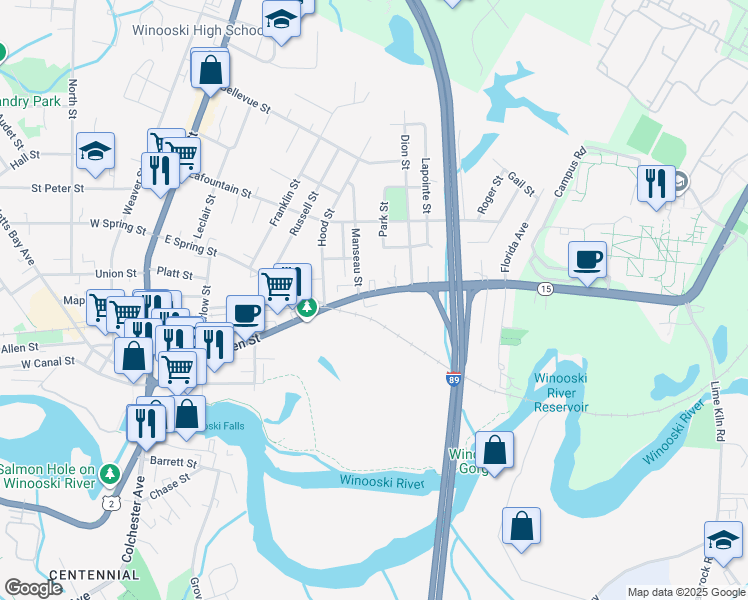 map of restaurants, bars, coffee shops, grocery stores, and more near 15 Manseau Street in Winooski