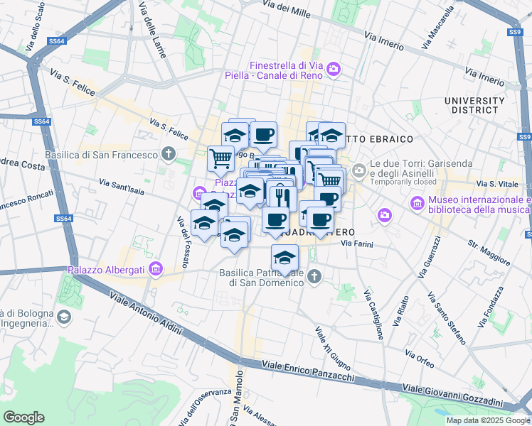 map of restaurants, bars, coffee shops, grocery stores, and more near 4 Via Marescalchi in Bologna