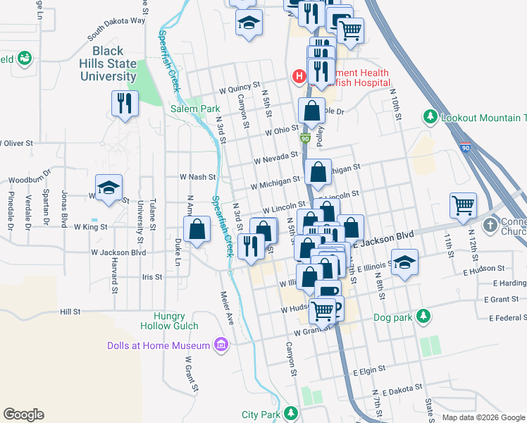 map of restaurants, bars, coffee shops, grocery stores, and more near 1001 Canyon Street in Spearfish