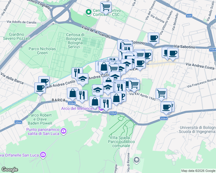 map of restaurants, bars, coffee shops, grocery stores, and more near 4 Piazza della Pace in Bologna