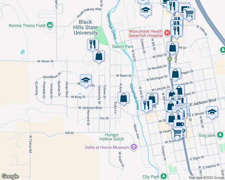 map of restaurants, bars, coffee shops, grocery stores, and more near 938 Saint Joe Street in Spearfish