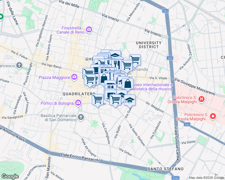 map of restaurants, bars, coffee shops, grocery stores, and more near Corte Isolani in Bologna