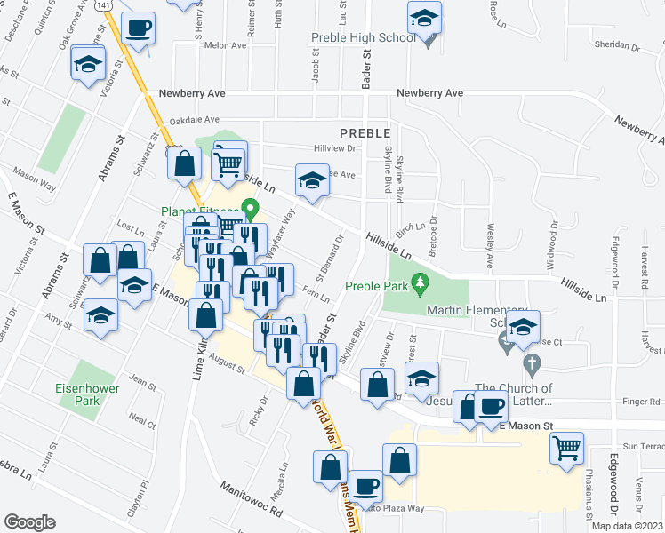 map of restaurants, bars, coffee shops, grocery stores, and more near 473 Saint Bernard Drive in Green Bay