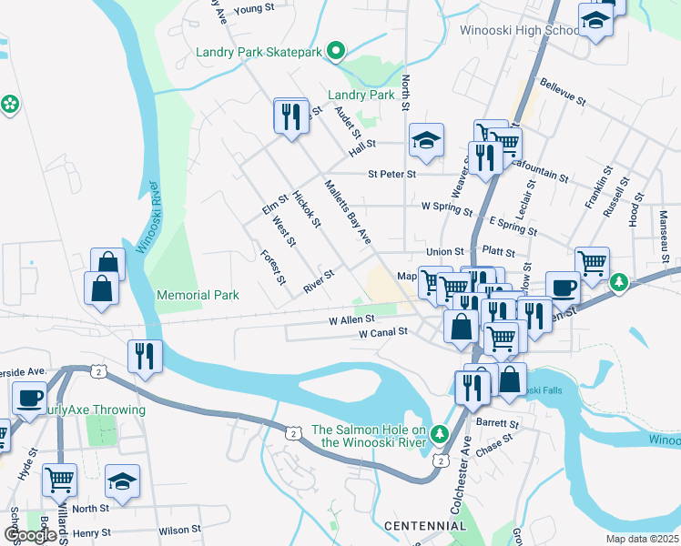 map of restaurants, bars, coffee shops, grocery stores, and more near 52 Hickok Street in Winooski