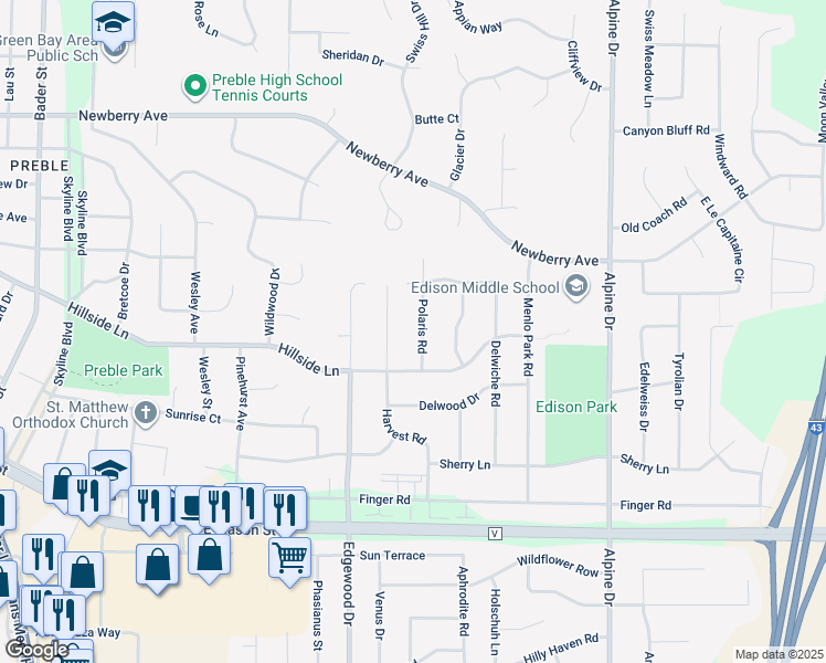 map of restaurants, bars, coffee shops, grocery stores, and more near 466 Polaris Road in Green Bay