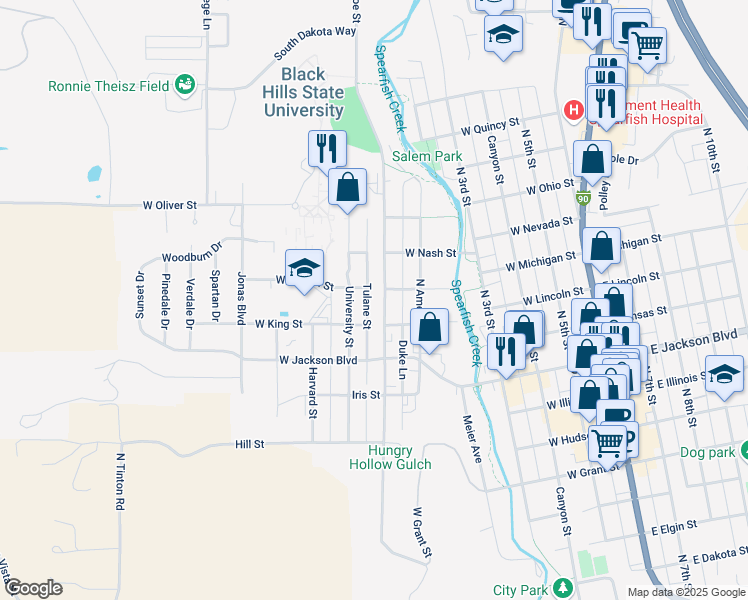 map of restaurants, bars, coffee shops, grocery stores, and more near 941 Tulane Street in Spearfish