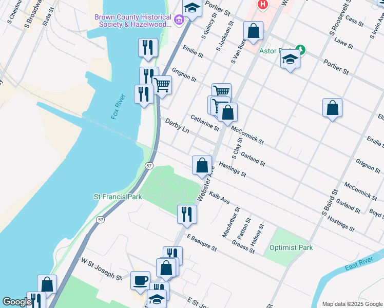 map of restaurants, bars, coffee shops, grocery stores, and more near 1443 South Van Buren Street in Green Bay