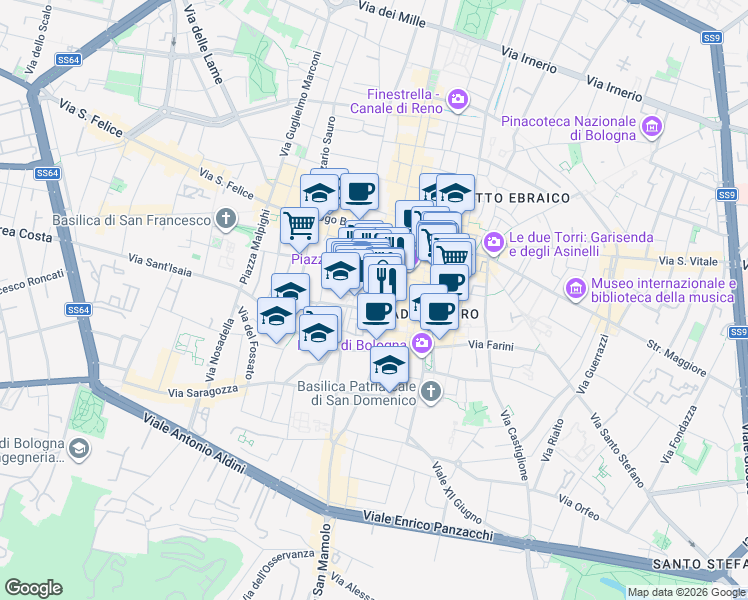 map of restaurants, bars, coffee shops, grocery stores, and more near 4 Via Marescalchi in Bologna