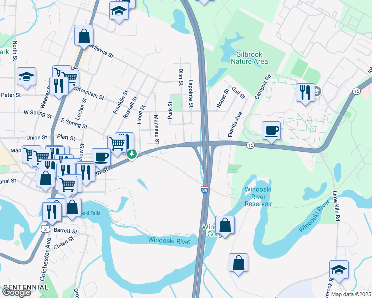map of restaurants, bars, coffee shops, grocery stores, and more near 298 East Allen Street in Winooski