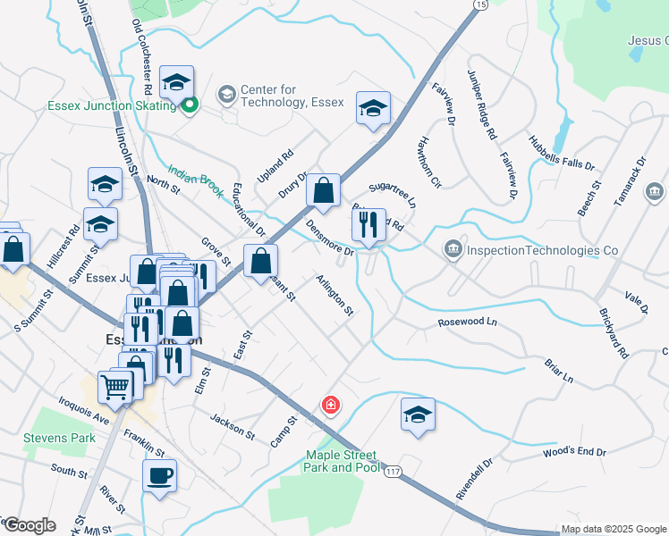 map of restaurants, bars, coffee shops, grocery stores, and more near 10 Densmore Drive in Essex