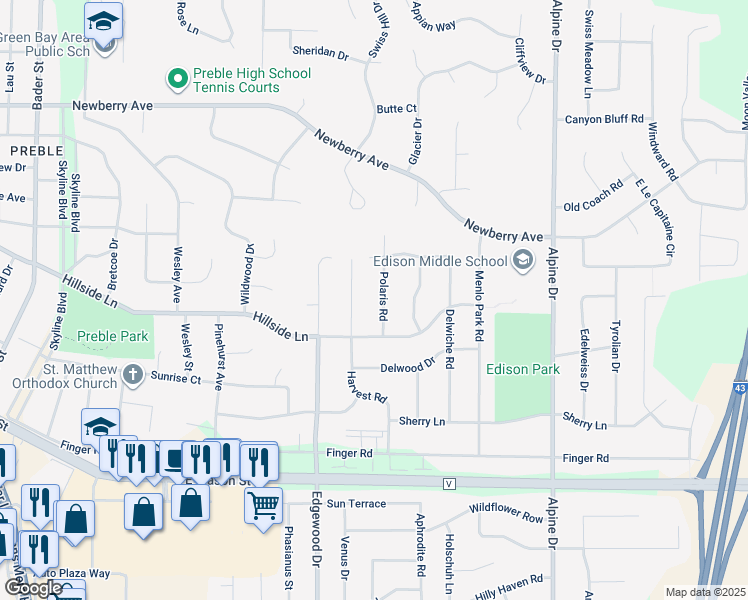 map of restaurants, bars, coffee shops, grocery stores, and more near 466 Polaris Road in Green Bay