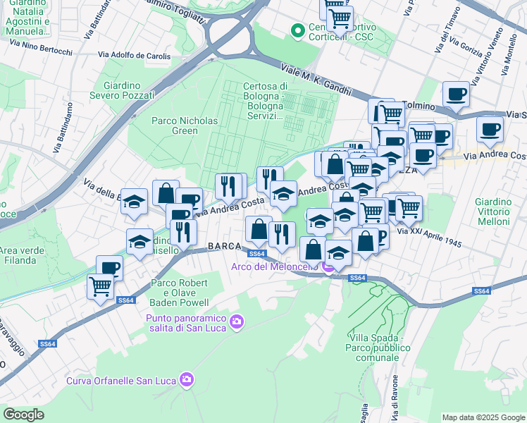 map of restaurants, bars, coffee shops, grocery stores, and more near 198 Via Andrea Costa in Bologna