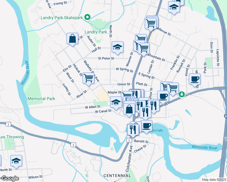 map of restaurants, bars, coffee shops, grocery stores, and more near 65 Maple Street in Winooski