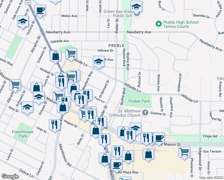 map of restaurants, bars, coffee shops, grocery stores, and more near 468 Bader Street in Green Bay