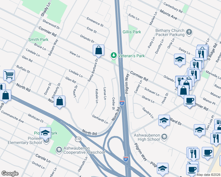 map of restaurants, bars, coffee shops, grocery stores, and more near 2360 Cedar Ridge in Green Bay