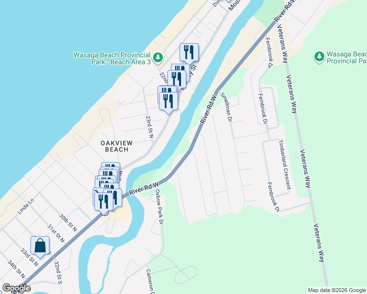 map of restaurants, bars, coffee shops, grocery stores, and more near in Wasaga Beach