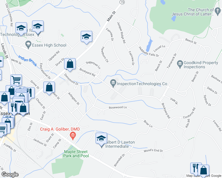 map of restaurants, bars, coffee shops, grocery stores, and more near 35 Brickyard Road in Essex