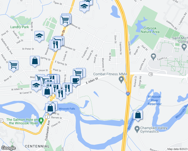 map of restaurants, bars, coffee shops, grocery stores, and more near 8 Hood Street in Winooski