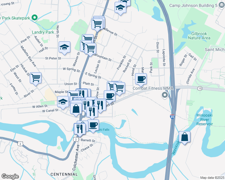 map of restaurants, bars, coffee shops, grocery stores, and more near 120 East Spring Street in Winooski