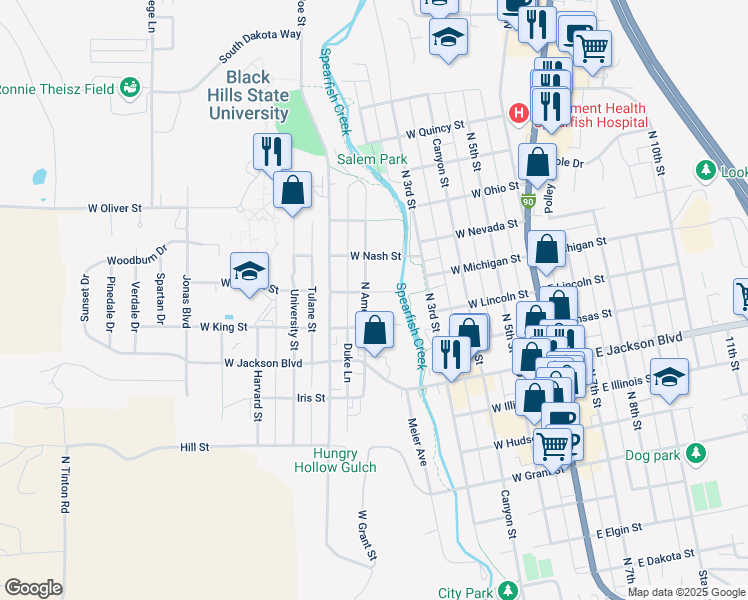 map of restaurants, bars, coffee shops, grocery stores, and more near 938 North Ames Street in Spearfish