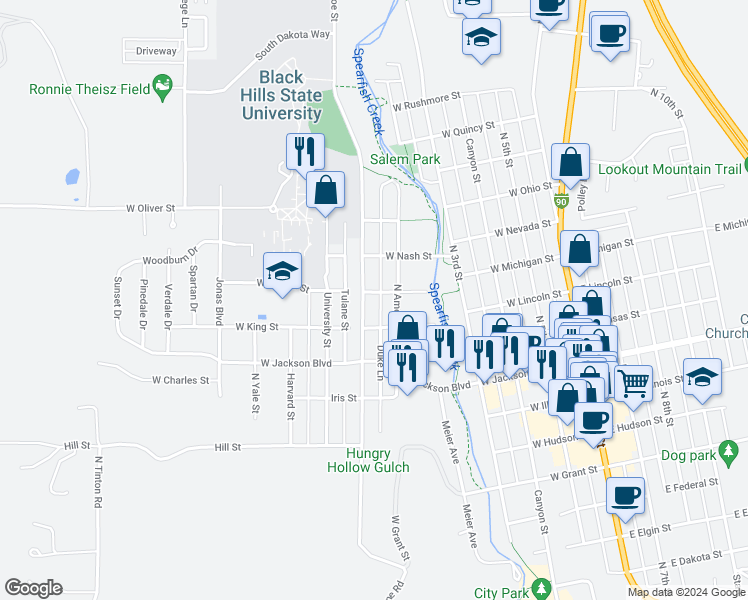 map of restaurants, bars, coffee shops, grocery stores, and more near 941 Tulane Street in Spearfish