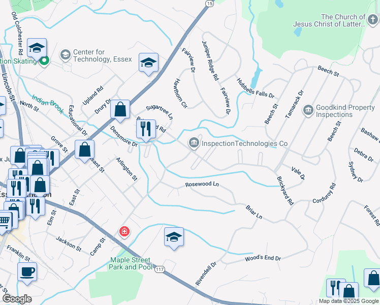 map of restaurants, bars, coffee shops, grocery stores, and more near 34 Brickyard Road in Essex