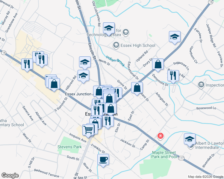 map of restaurants, bars, coffee shops, grocery stores, and more near 12 Central Street in Essex