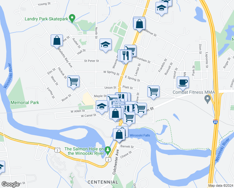 map of restaurants, bars, coffee shops, grocery stores, and more near 114 Main Street in Winooski