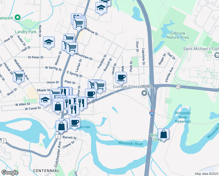 map of restaurants, bars, coffee shops, grocery stores, and more near 165 East Spring Street in Winooski