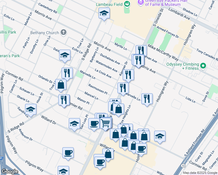 map of restaurants, bars, coffee shops, grocery stores, and more near 915 Marvelle Lane in Ashwaubenon