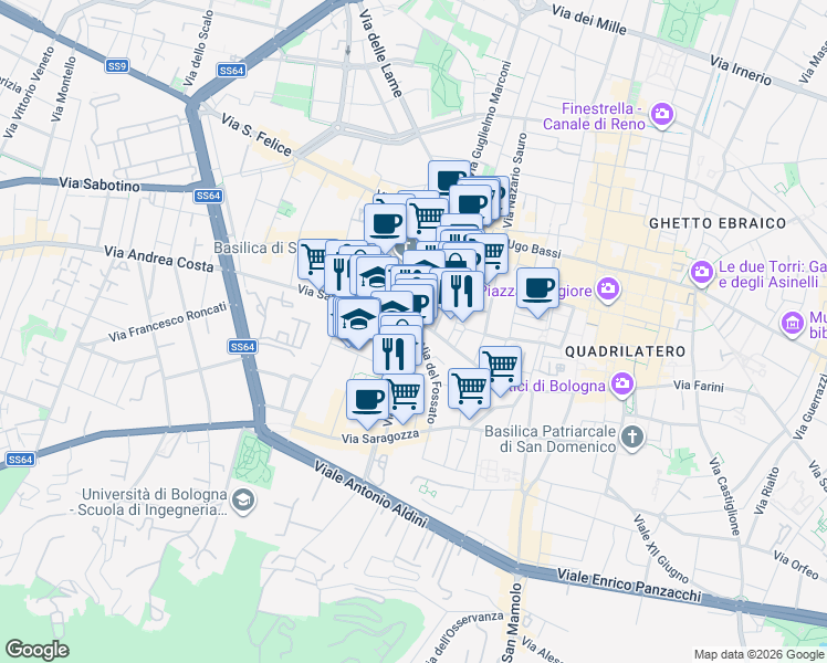 map of restaurants, bars, coffee shops, grocery stores, and more near in Bologna