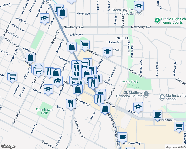 map of restaurants, bars, coffee shops, grocery stores, and more near 498 Wayfarer Way in Green Bay