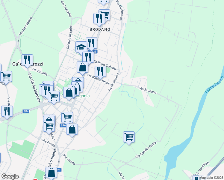 map of restaurants, bars, coffee shops, grocery stores, and more near 1263 Via Modenese in Vignola