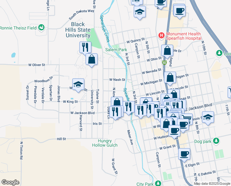 map of restaurants, bars, coffee shops, grocery stores, and more near 938 North Ames Street in Spearfish