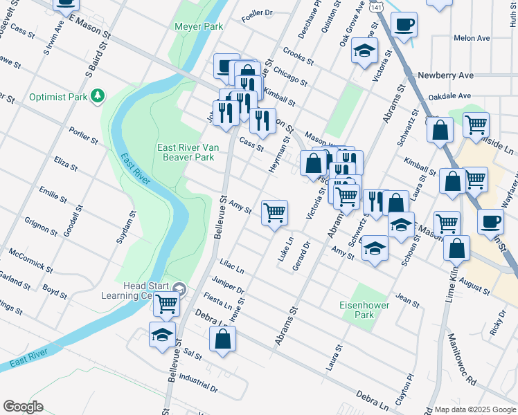 map of restaurants, bars, coffee shops, grocery stores, and more near 829 Heyrman St in Green Bay