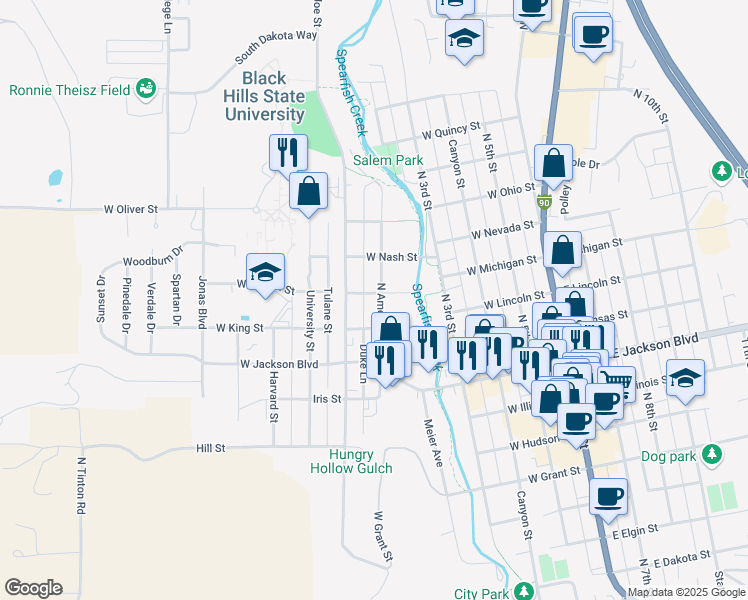 map of restaurants, bars, coffee shops, grocery stores, and more near 945 North Ames Street in Spearfish