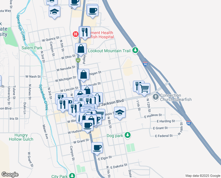 map of restaurants, bars, coffee shops, grocery stores, and more near 340 East Kansas Street in Spearfish
