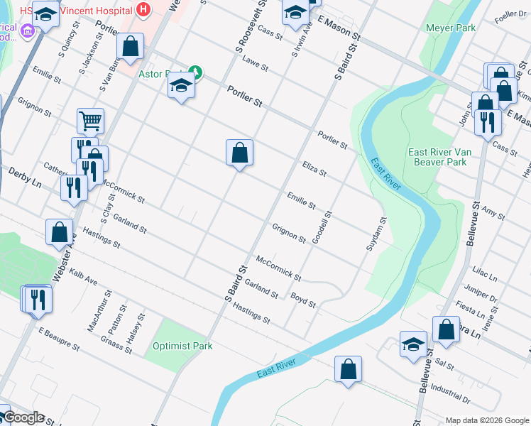 map of restaurants, bars, coffee shops, grocery stores, and more near 1150 South Baird Street in Green Bay