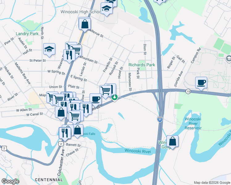map of restaurants, bars, coffee shops, grocery stores, and more near 8 Hood Street in Winooski