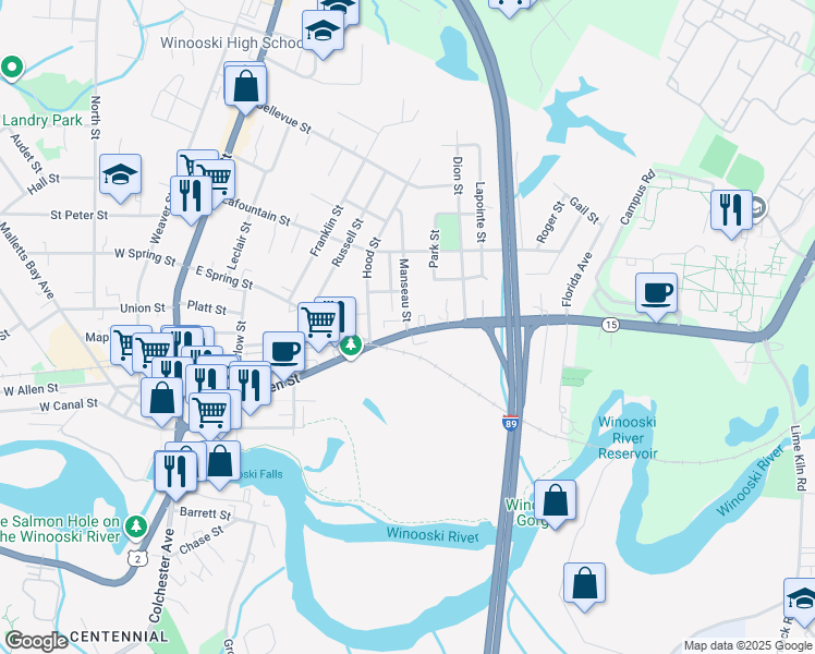 map of restaurants, bars, coffee shops, grocery stores, and more near 15 Manseau Street in Winooski