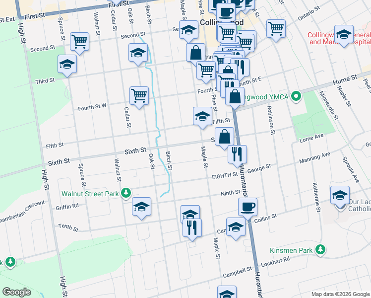 map of restaurants, bars, coffee shops, grocery stores, and more near 140 Sixth Street in Collingwood
