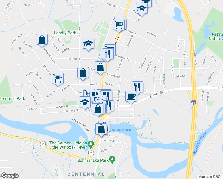 map of restaurants, bars, coffee shops, grocery stores, and more near 31 Mansion Street in Winooski